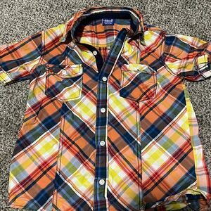 Lilliput - orange yellow plaid - button up shirt - 7/8